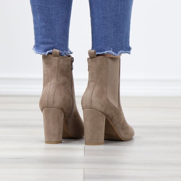Taupe Suede Chelsea Round Toe Block High Heel Above Ankle Boots - Picture 7 of 12
